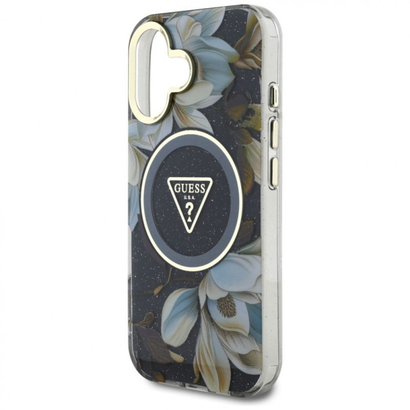 Guess Glitter Flowers Triangle Buttons MagSafe ümbris Apple iPhone 16-le, must
