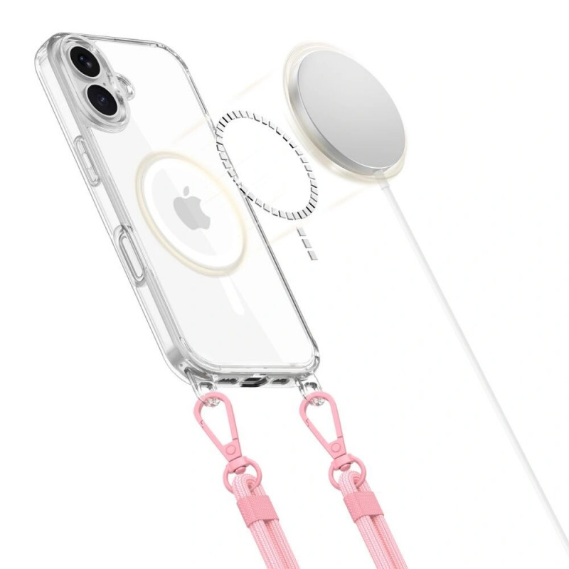 Tech-Protect FlexAir Chain MagSafe kaitsekott Apple iPhone 16-le, läbipaistev, halli ja roosa kaelarihmaga