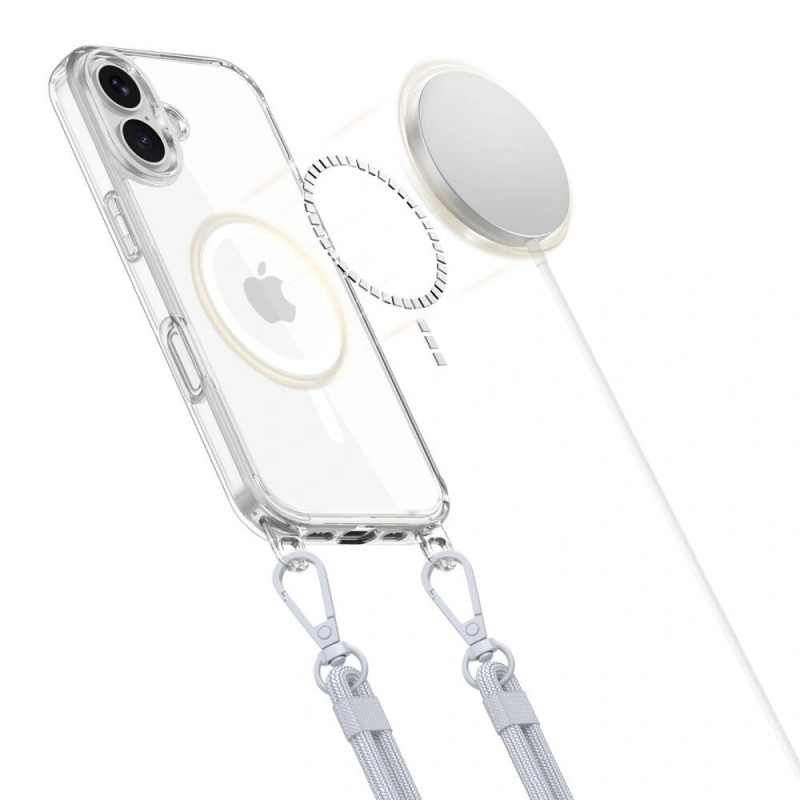 Tech-Protect FlexAir Chain MagSafe kaitsekott Apple iPhone 16-le, läbipaistev, halli ja roosa kaelarihmaga