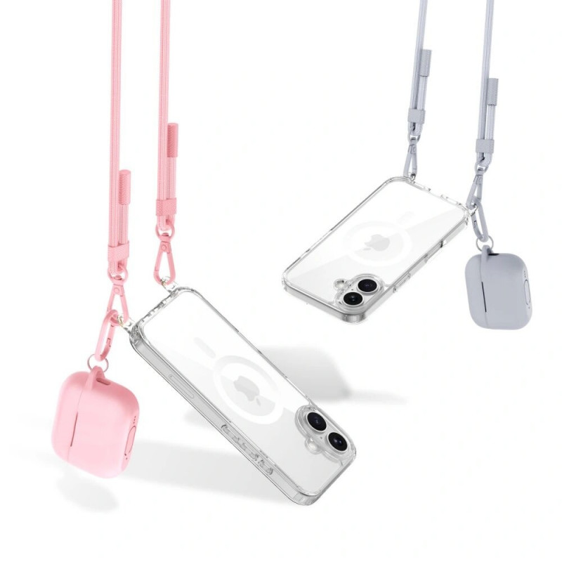 Tech-Protect FlexAir Chain MagSafe kaitsekott Apple iPhone 16-le, läbipaistev, halli ja roosa kaelarihmaga