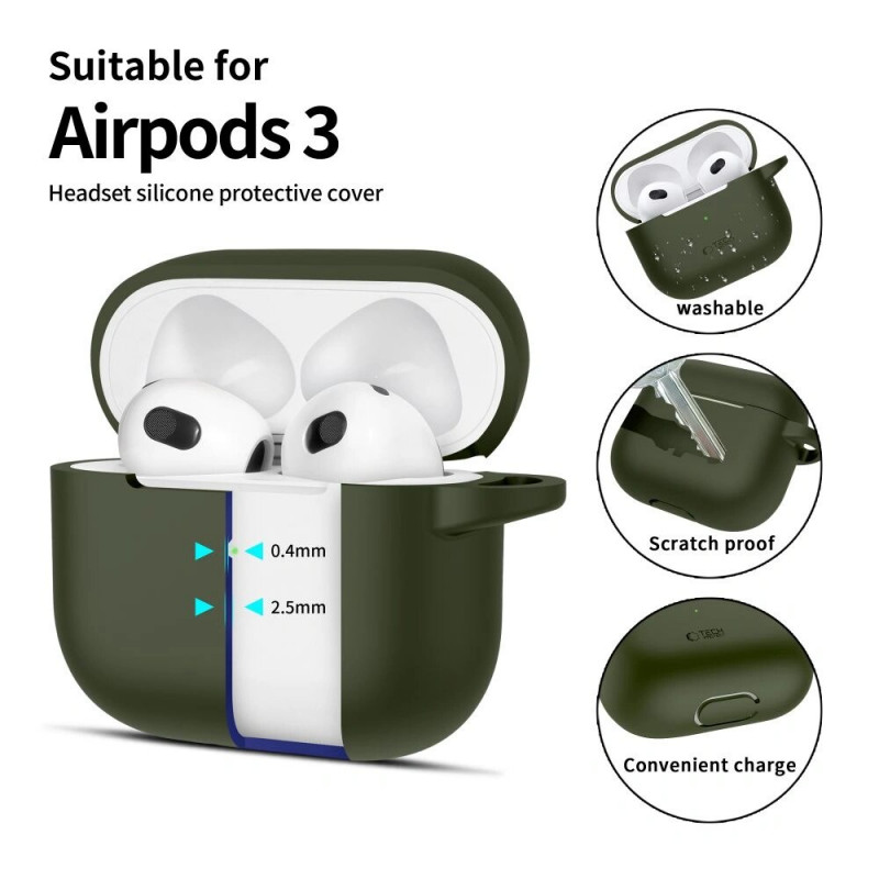 Tech-Protect Silicone Hook silikoonkate Apple AirPods 3-le karabiiniga, oliivroheline