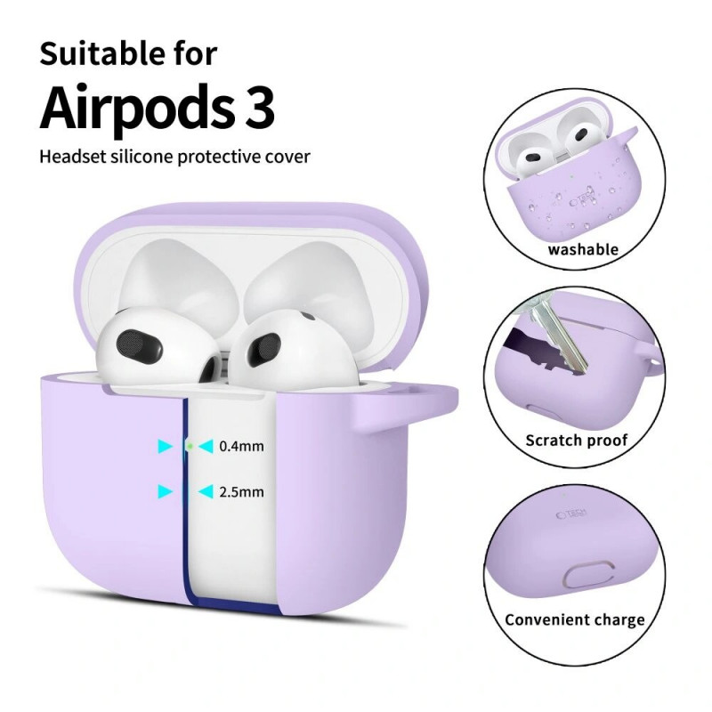 Tech-Protect Silicone Hook silikoonkate Apple AirPods 3-le karabiiniga, lavendel