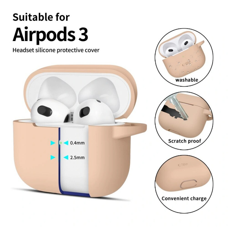Tech-Protect Silicone Hook silikoonkate Apple AirPods 3-le karabiiniga, Caffe Latte