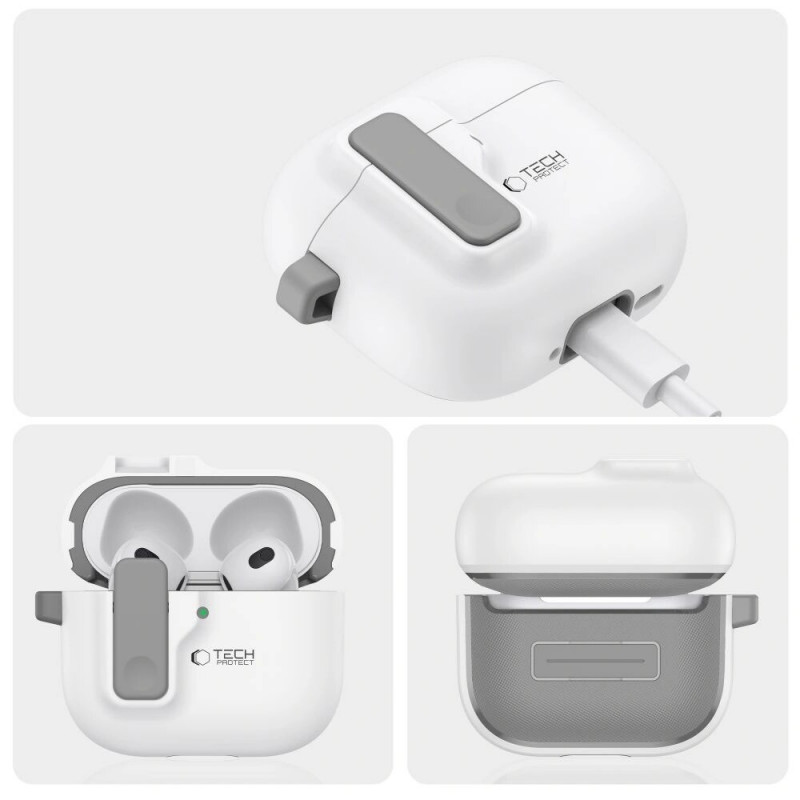 Tech-Protect õhuke konksuga ümbris Apple AirPods 4 jaoks, valge