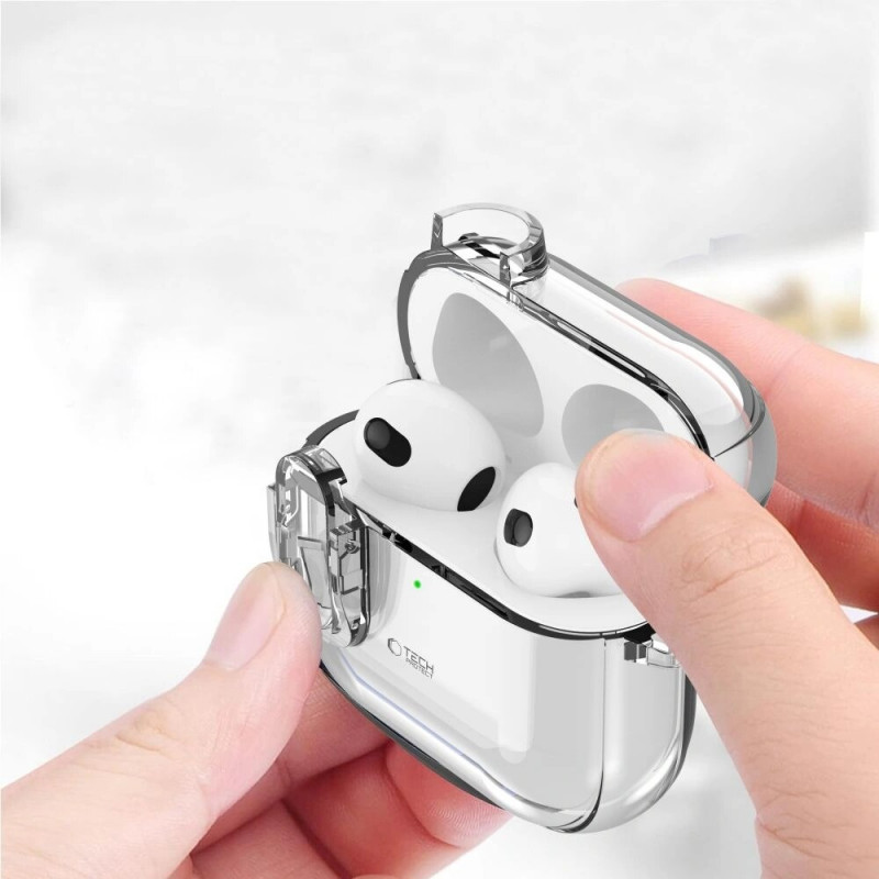 Tech-Protect õhuke konksuga ümbris Apple AirPods 4-le, läbipaistev