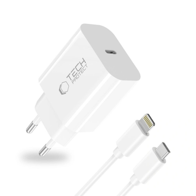 Tech-Protect NC20W 1-port USB-C seinalaadija PD 20W Lightning-kaabliga, valge, 100 cm