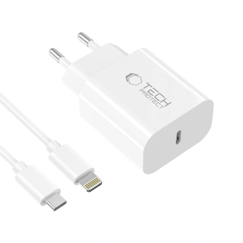 Tech-Protect NC20W 1-port USB-C seinalaadija PD 20W Lightning-kaabliga, valge, 100 cm