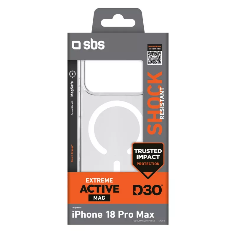 SBS D3O Active kaitsekott iPhone 18 Pro Max / 17 Pro Max jaoks, MagSafe-ühilduv, läbipaistev