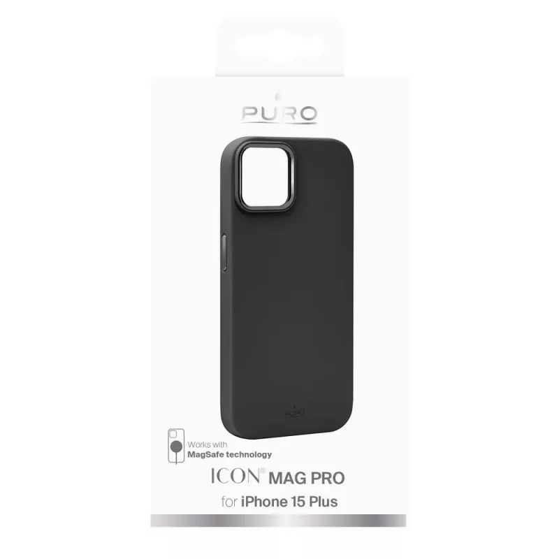 Puro Icon Mag Pro MagSafe silikoonkate metallnuppudega Apple iPhone 15 Plus'le, must