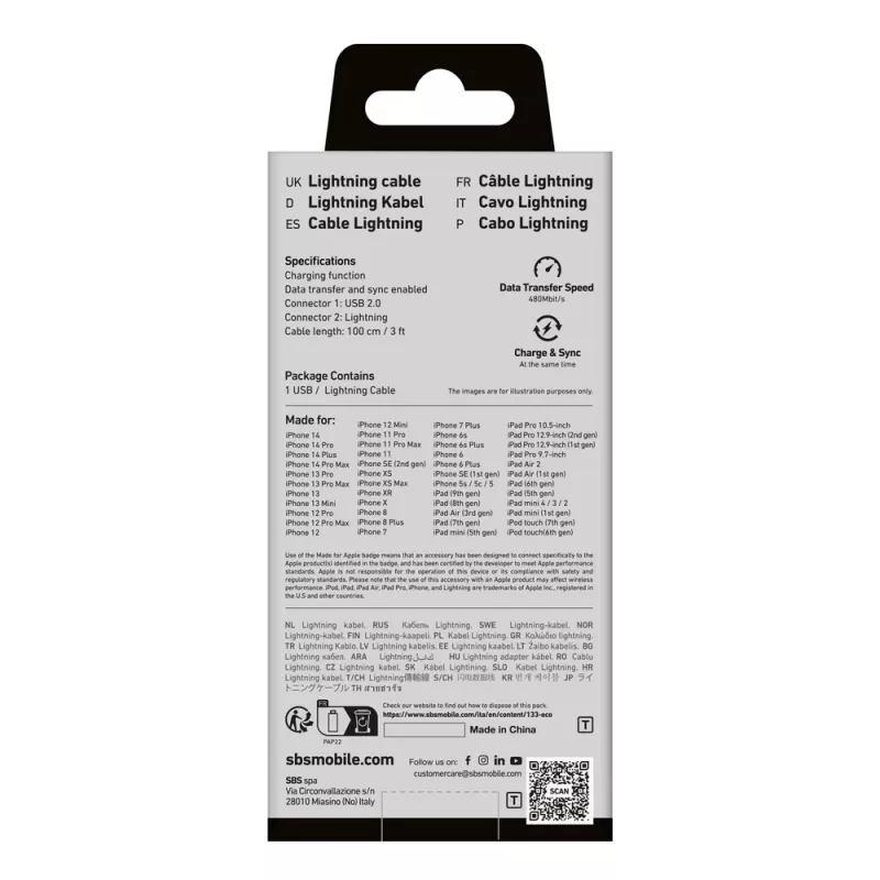SBS TECABLEUSBIP589A USB-A - Lightning kaabel, 1 m, sinine