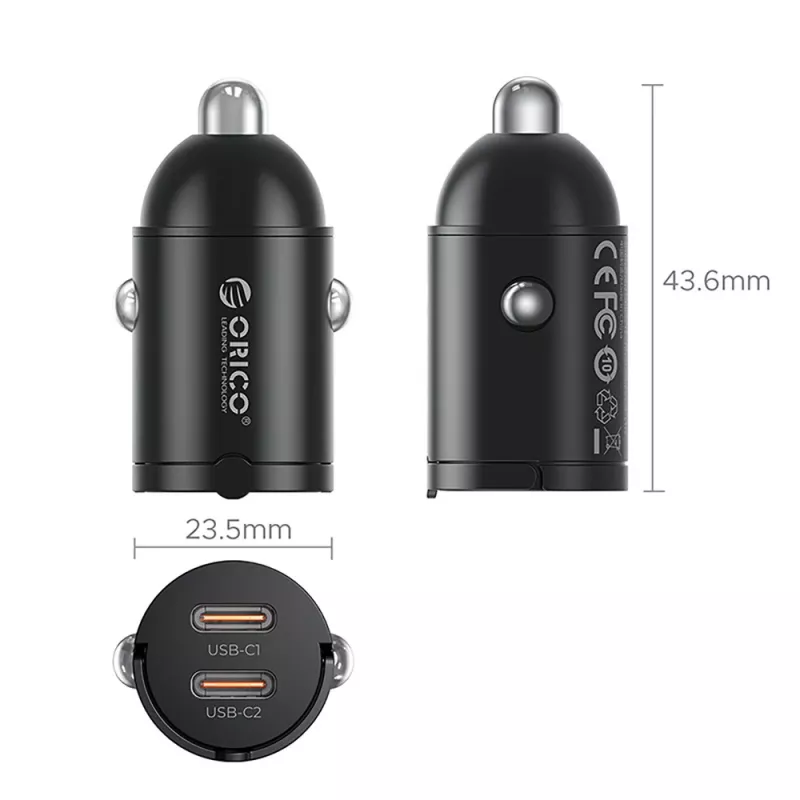 Orico MiniRing MR-30-2C 30W 2x USB-C autolaadija, must