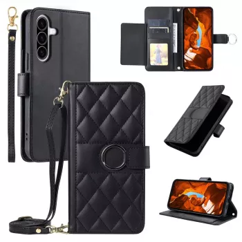 Hurtel Samsung Galaxy A37 5G PU-nahast rahakotikorpuse ümbris koos aluse ja õlarihmaga, must