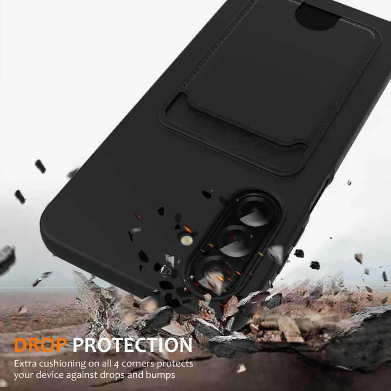 Hurtel Samsung Galaxy A37 5G TPU-kate kaardihoidja ja kanderihmaga, must