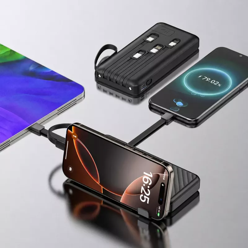 Wozinsky W11-B 10000mAh 10W akupank sisseehitatud kaablite ja taskulambiga, must