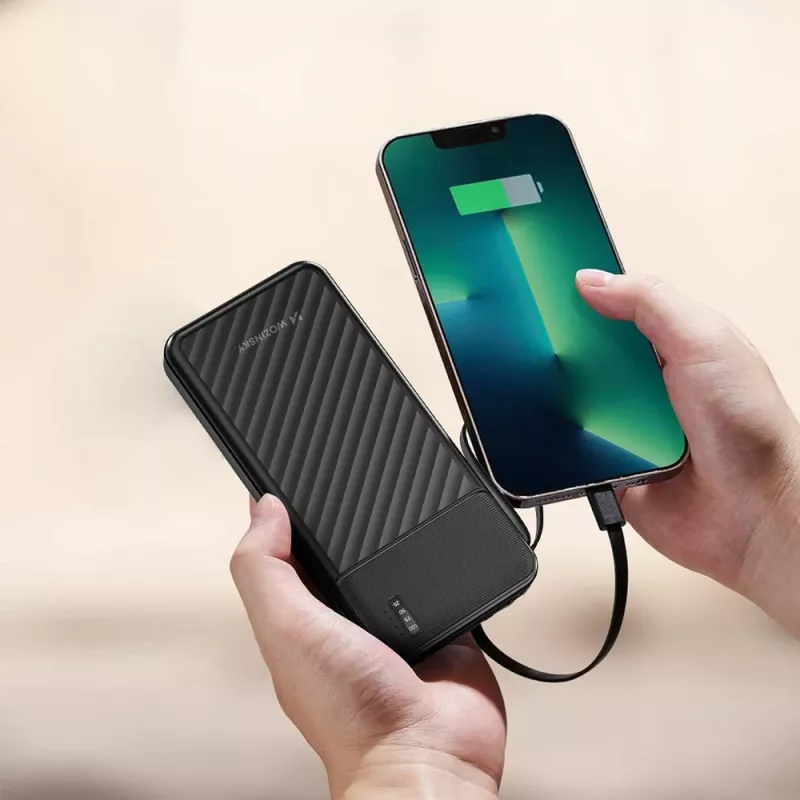 Wozinsky W11-B 10000mAh 10W akupank sisseehitatud kaablite ja taskulambiga, must