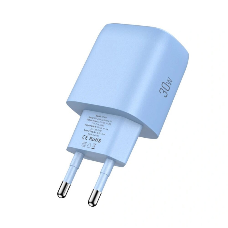 Tech-Protect NCA30 USB-A, USB-C võrgulaadija PD 30W / QC3.0 baby blue