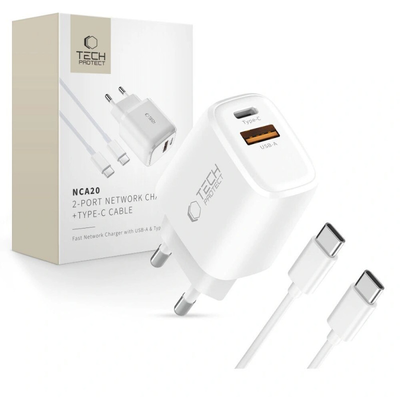 Tech-Protect NCA20 USB-A / USB-C seinalaadija PD 20W / QC3.0 USB-C / USB-C kaabliga 100 cm, valge