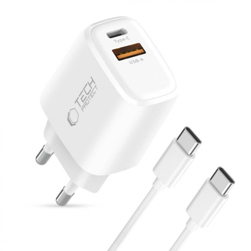 Tech-Protect NCA20 USB-A / USB-C seinalaadija PD 20W / QC3.0 USB-C / USB-C kaabliga 100 cm, valge
