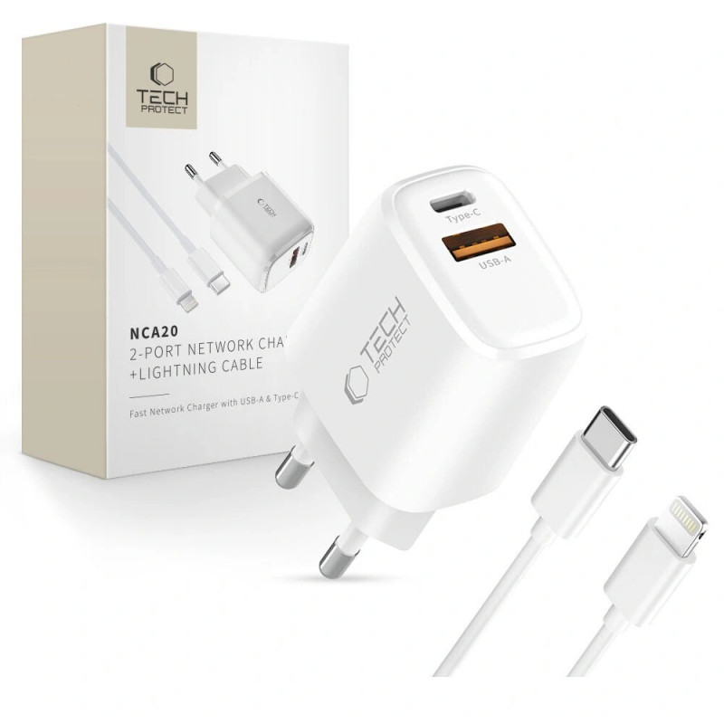 Tech-Protect NCA20 USB-A / USB-C seinalaadija PD 20W / QC3.0 USB-C / Lightning kaabliga 100 cm, valge