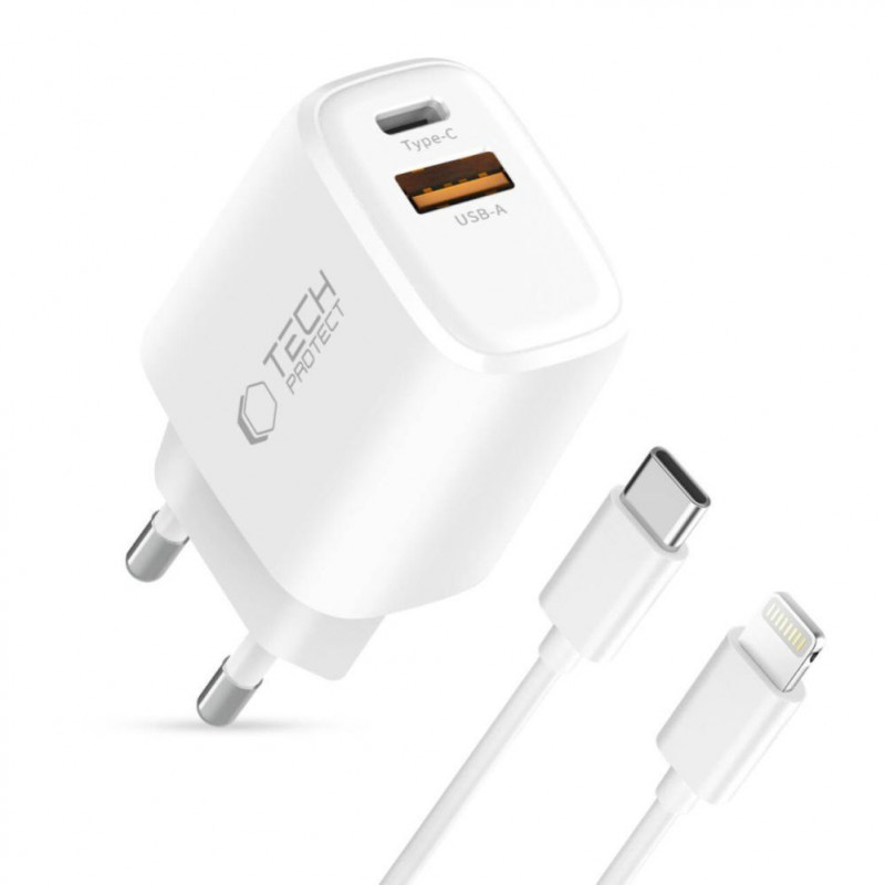 Tech-Protect NCA20 USB-A / USB-C seinalaadija PD 20W / QC3.0 USB-C / Lightning kaabliga 100 cm, valge