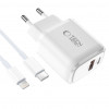 Tech-Protect NCA20 USB-A / USB-C seinalaadija PD 20W / QC3.0 USB-C / Lightning kaabliga 100 cm, valge