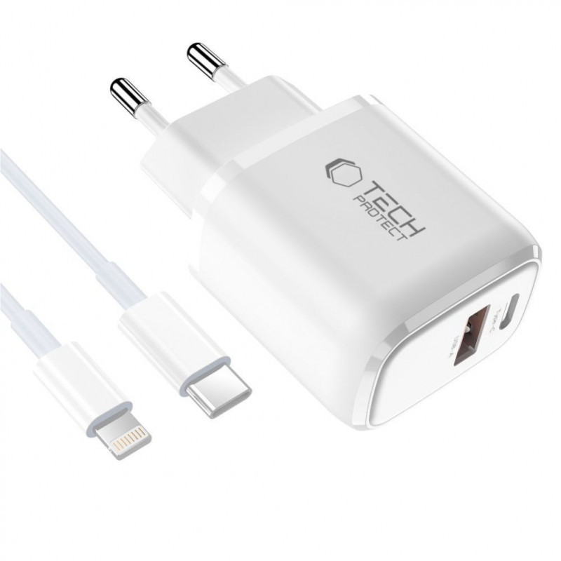 Tech-Protect NCA20 USB-A / USB-C seinalaadija PD 20W / QC3.0 USB-C / Lightning kaabliga 100 cm, valge