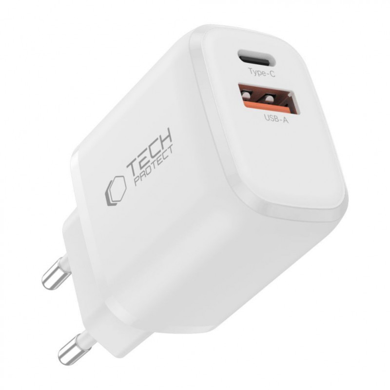 Tech-Protect NCA20 USB-A / USB-C seinalaadija PD 20W / QC3.0 USB-C / Lightning kaabliga 100 cm, valge
