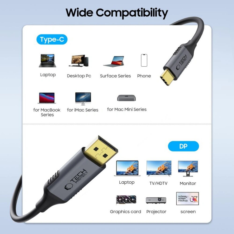 Tech-Protect UltraBoost USB-C - DisplayPort 1.4 kaabel, 8K 60Hz, 180 cm, must