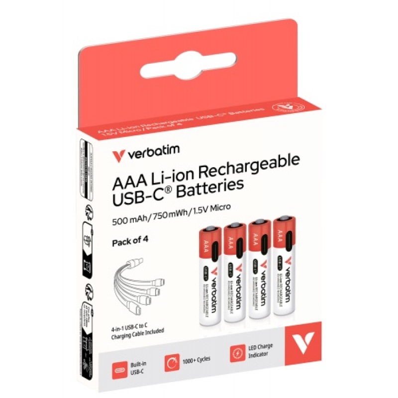 Verbatim 30250 USB-C laetavad patareid Li-ion AAA 500 mAh (4 tk)