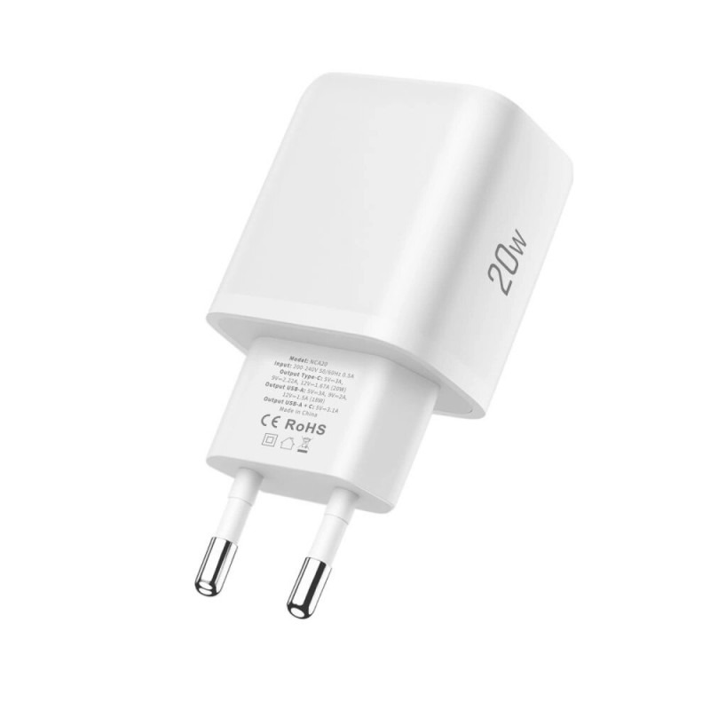 Tech-Protect NCA20 USB-A, USB-C seinalaadija PD 20W / QC3.0, valge