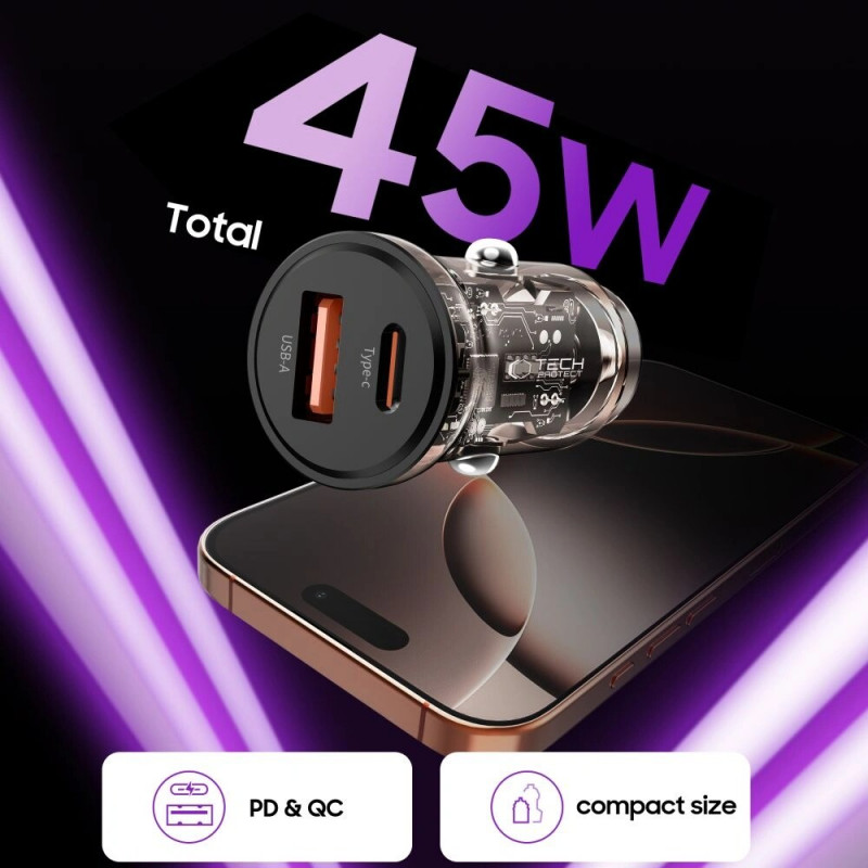 Tech-Protect CC01 2-pordiline autolaadija USB-A / USB-C, PD 45W / QC 3.0, must