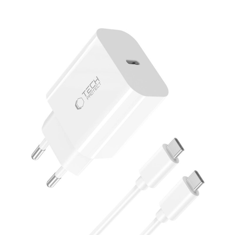 Tech-Protect NC20W 1-port USB-C seinalaadija PD20W USB-C / USB-C kaabliga, valge