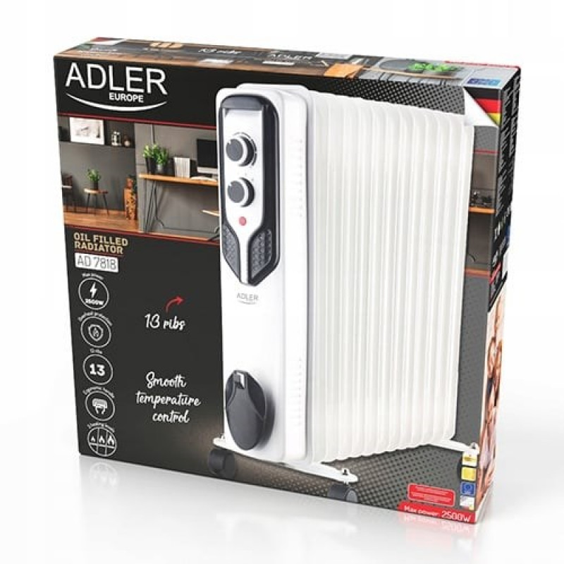 Adler AD 7818 Õliradiaator, 2500 W, 3 võimsusastet, 13 ribi, valge