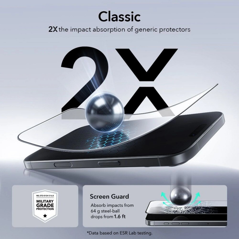 ESR UltraFit karastatud klaas Apple iPhone 16 Pro / 17 jaoks, läbipaistev (2 tk) (ESR922)