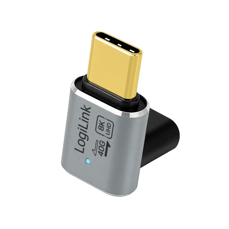 LogiLink AU0063 USB 4 Type-C adapter 90° U/D, C/M – C/F, 40 Gbps, 240W, 8K/60 Hz, metall, hõbedane