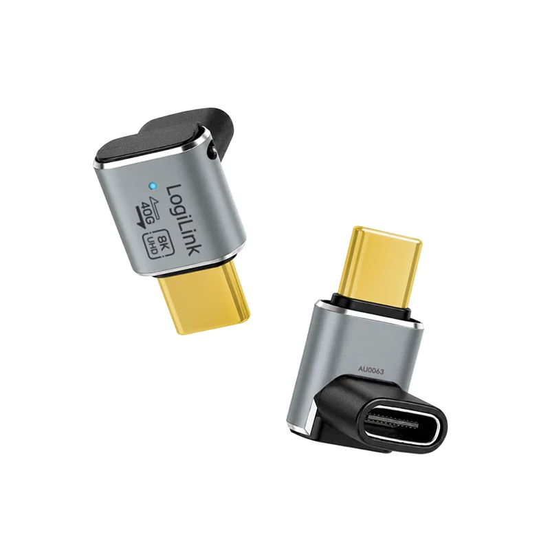 LogiLink AU0063 USB 4 Type-C adapter 90° U/D, C/M – C/F, 40 Gbps, 240W, 8K/60 Hz, metall, hõbedane