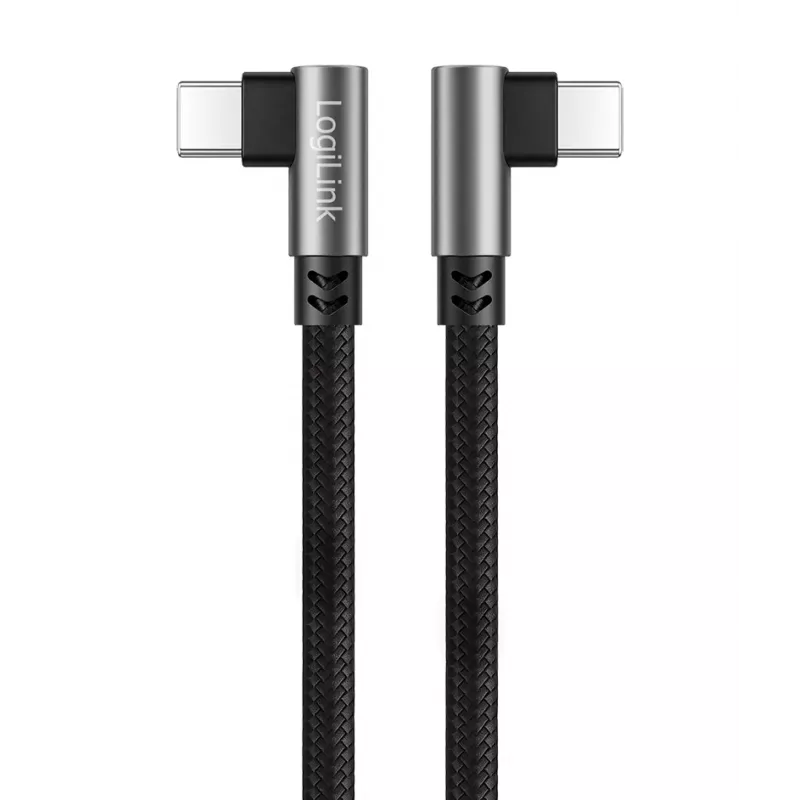 LogiLink CU0460 USB 2.0 Type-C kaabel, C/M 90° kuni C/M 90°, 480 Mbps, 100W, metall, hõbe/must, 0,5 m