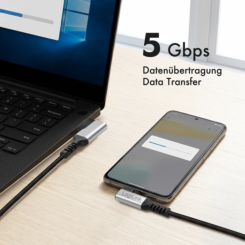 LogiLink CU0471 USB 3.2 Gen1 Type-C kaabel, A/M 90° kuni C/M 90°, 5 Gbps, 60 W, metall, hõbedane/must, 1 m