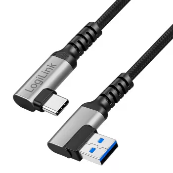 LogiLink CU0473 USB 3.2 Gen1 Type-C kaabel, A/M 90° kuni C/M 90°, 5 Gbps, 60 W, metall, hõbedane/must, 2 m