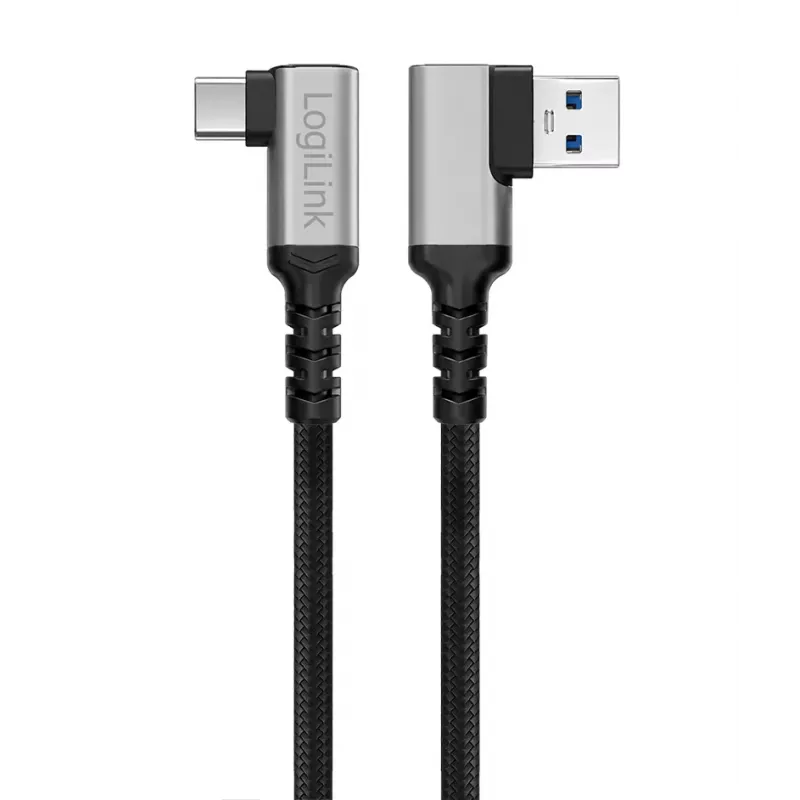 LogiLink CU0473 USB 3.2 Gen1 Type-C kaabel, A/M 90° kuni C/M 90°, 5 Gbps, 60 W, metall, hõbedane/must, 2 m