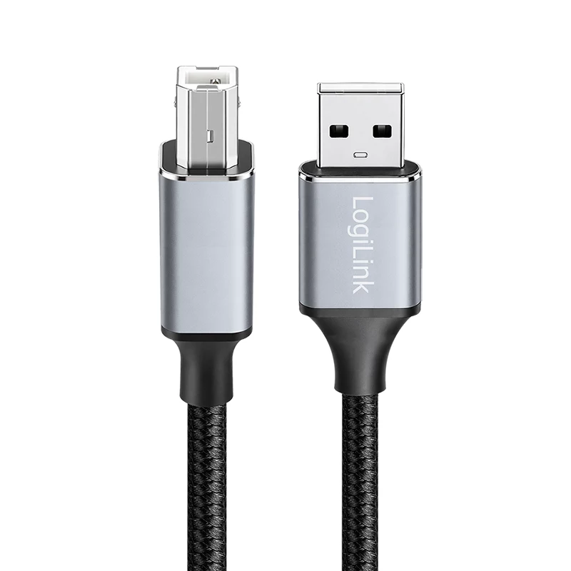 Logilink CU0107 USB 2.0 kaabel, USB-A/M – USB-B/M, 480 Mbps, nailon, metall, must/hõbedane, 2 m