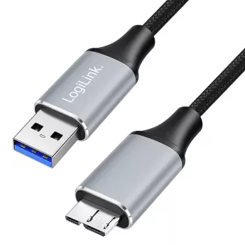 Logilink CU0291 USB 3.0 kaabel, A/M – Micro-USB/M, 5 Gbps, nailon, metall, must/hõbedane, 2 m