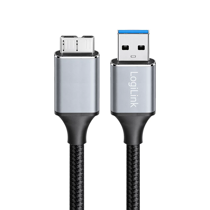 Logilink CU0291 USB 3.0 kaabel, A/M – Micro-USB/M, 5 Gbps, nailon, metall, must/hõbedane, 2 m
