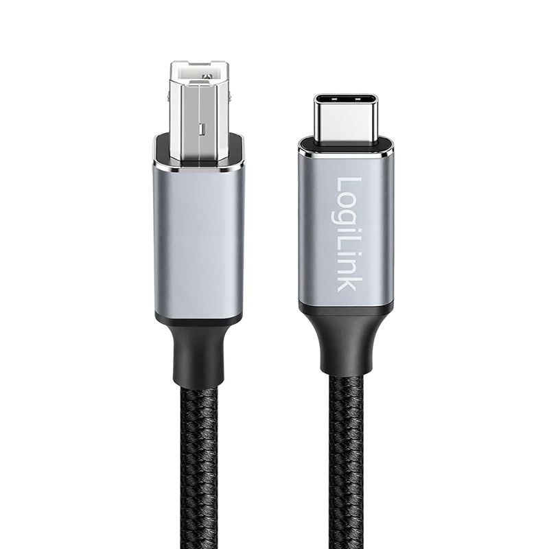 Logilink CU0515 USB 2.0 Type-C kaabel, C/M – B/M, 480 Mbps, nailon, metall, must/hõbedane, 2 m