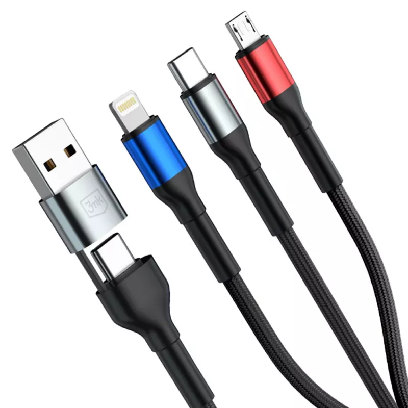 3MK Hyper Cable N-SERIES 6in1 USB-C / USB-A ja USB-C / MicroUSB / Lightning kaabel, QC 3.0, 18 W (9 V / 2 A), 1.2 m, must