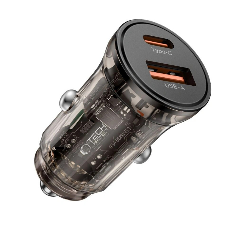 Tech-Protect CC01 2-pordiline autolaadija USB-A / USB-C, PD 30W / QC 3.0, must