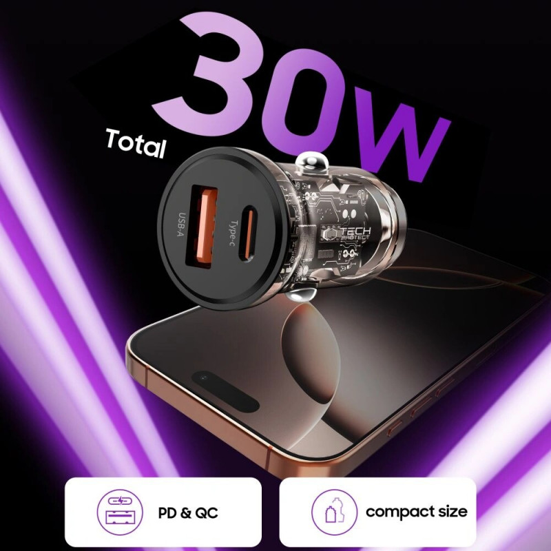 Tech-Protect CC01 2-pordiline autolaadija USB-A / USB-C, PD 30W / QC 3.0, must