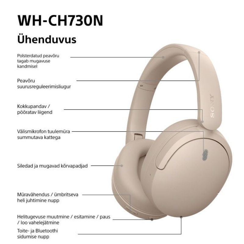 Sony WH-CH730N Bluetooth-kõrvaklapid ümber kõrva disainiga, mikrofoniga, beež