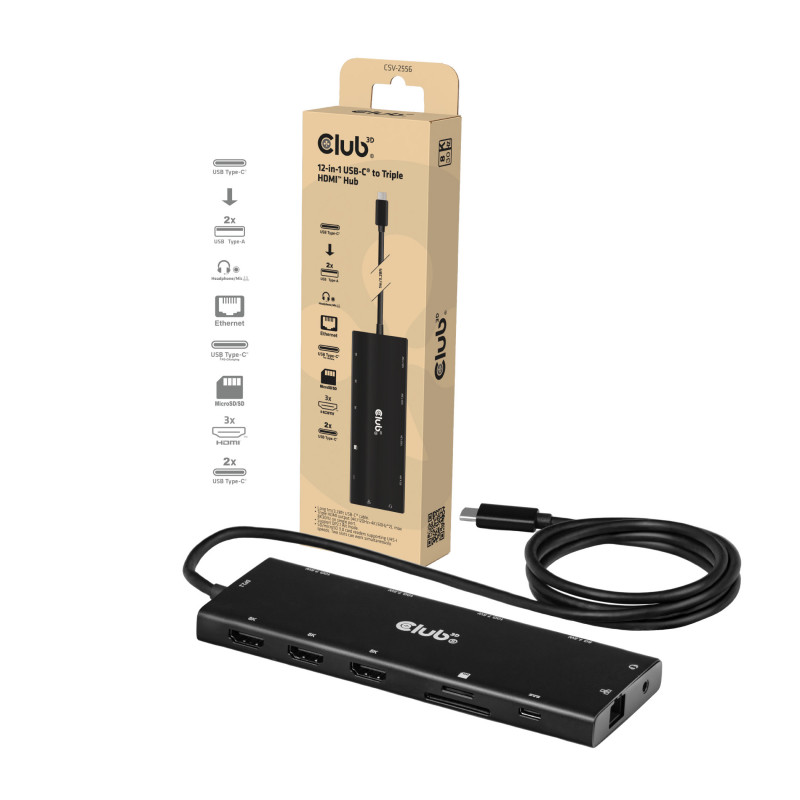 Club 3D CSV-2556 USB-C 12-ühes jaotur, 3x HDMI/3x USB-C/USB/LAN, 8K30Hz, PD 140W