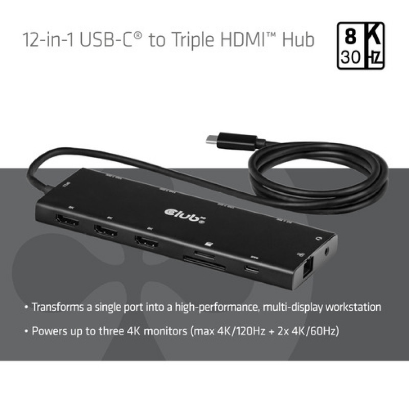 Club 3D CSV-2556 USB-C 12-ühes jaotur, 3x HDMI/3x USB-C/USB/LAN, 8K30Hz, PD 140W
